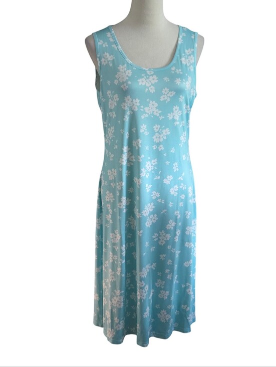 unbranded Dresses & Skirts - Aqua and White Floral Print Sleeveless Midi Dress Lightweight Womens L (US 8/10)